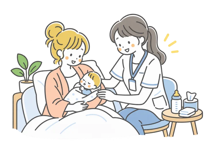 ベッドで休む産後の母親と赤ちゃんに寄り添うシッターのイラスト