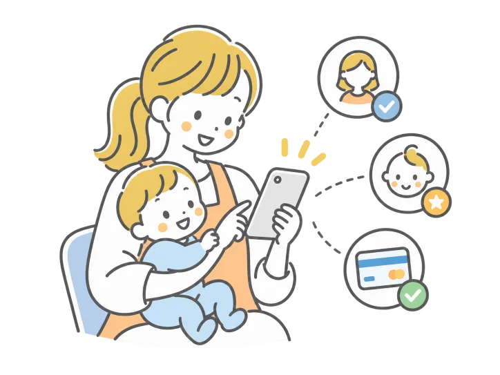 スマートフォンで会員登録する保護者と赤ちゃんのイラスト