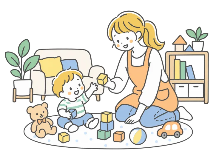 リビングで子どもと遊ぶシッターのイラスト