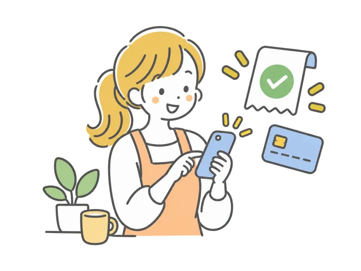 スマートフォンでクレジットカード決済を確認する保護者のイラスト