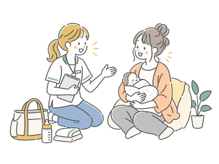 産後の母親と赤ちゃんを訪問するシッターのイラスト