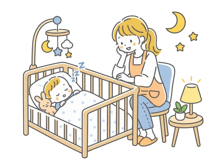 夜、ベビーベッドで眠る赤ちゃんを見守るシッターのイラスト