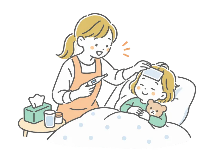 体調を崩した子どもの額に手を当てるシッターのイラスト