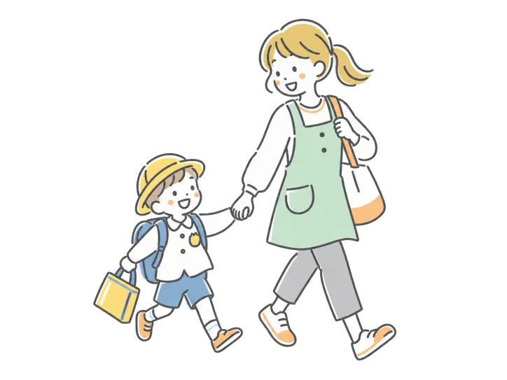 帽子をかぶった子どもと手をつないで歩くシッターのイラスト